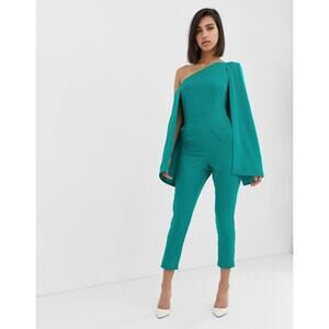 Lavish Alice One Shoulder Cape Tailored Jumpsuit Crop Slim Leg Jade Green Size 4